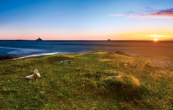 Море, небо, трава, солнце, лучи, рассвет, побережье, горизонт