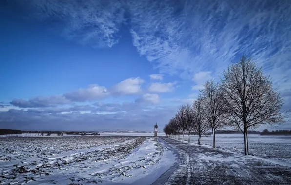Картинка зима, дорога, поле, природа