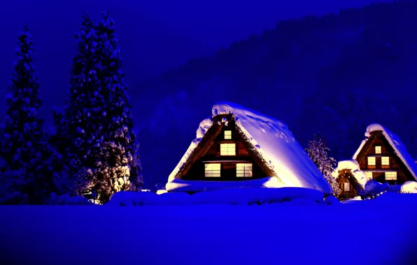 Картинка зима, свет, снег, деревья, горы, дома, ели, домики