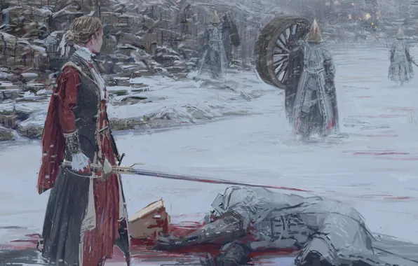 Картинка зима, девушка, снег, кровь, меч, колесо, арт, монстры