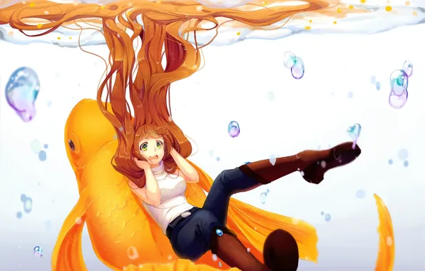 Картинка девушка, пузыри, рыба, аниме, арт, под водой, rosuuri, mahel