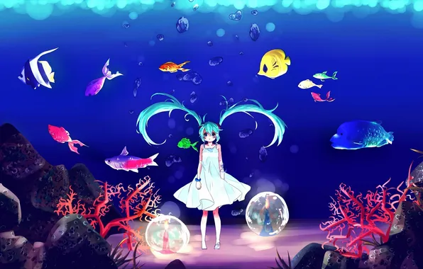 Рыбки, рыбы, пузырьки, арт, девочка, кавай, vocaloid, hatsune miku