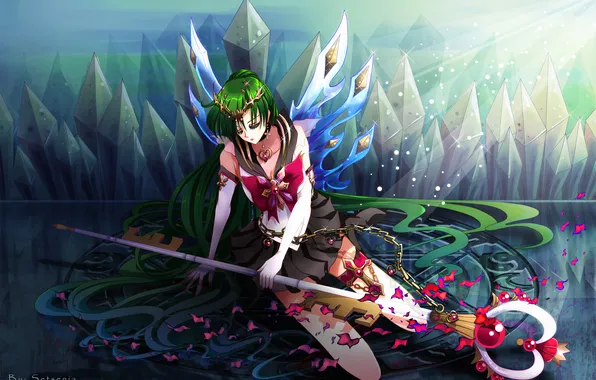 Картинка девушка, лучи, цепь, кристаллы, копье, зеленые волосы, bishoujo senshi sailor moon, Sailor Pluto