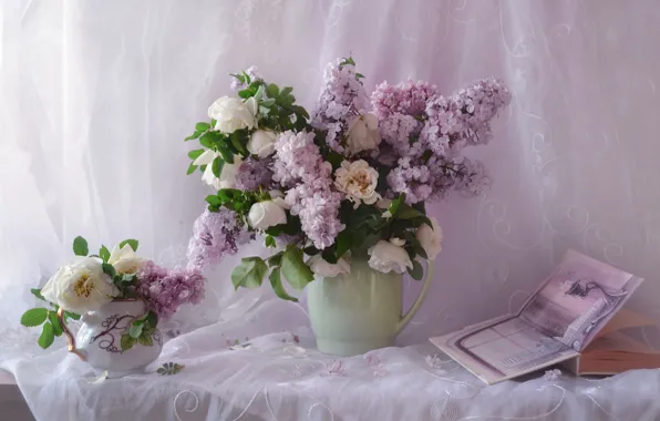 Розы, букет, книга, сирень