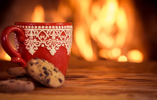 Картинка зима, кофе, горячий, печенье, чашка, fire, камин, cup
