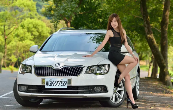 Авто, взгляд, Девушки, азиатка, красивая девушка, красивое платье, позирует над машиной, Skoda Superb Combi