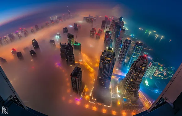 Картинка город, огни, туман, Дубаи, ОАЭ, панорамма