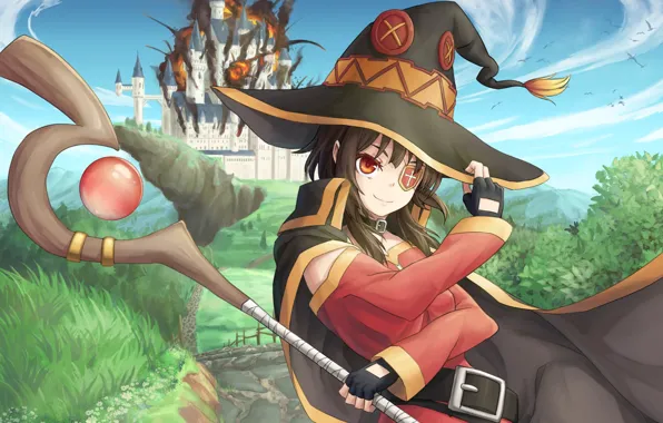 Девушка, взрыв, замок, маг, посох, anime, art, Kono Subarashii Sekai ni Shukufuku wo