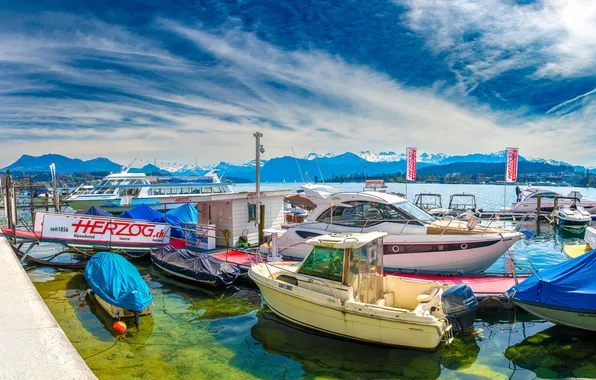 Горы, озеро, лодки, Швейцария, катера, причалы, Luzern