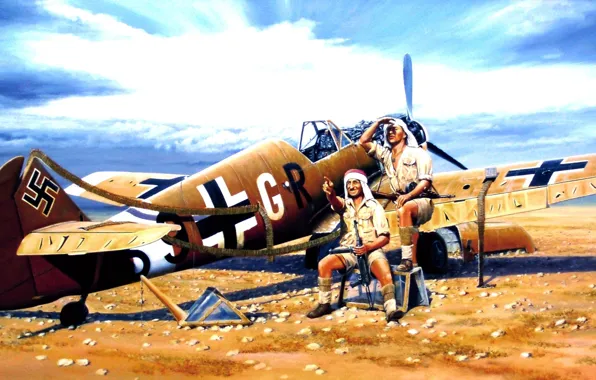 Пустыня, рисунок, Messerschmitt, Ме-109, Luftwaffe, Bf.109, Люфтваффе, afrika korps