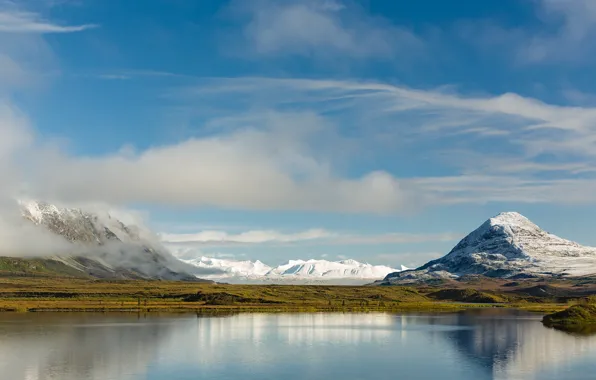 Небо, вода, горы, отражение, Аляска, Alaska, Mountains, Range