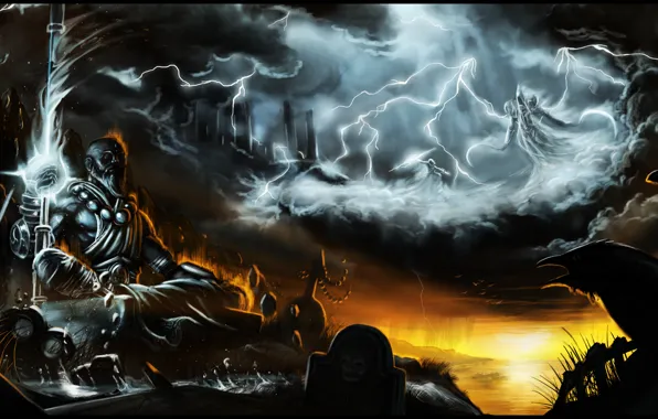 Небо, облака, молния, ворона, diablo 3, monk, Malthael