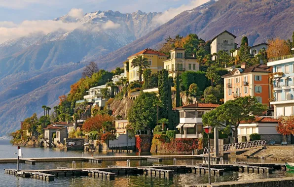 Картинка горы, город, пристань, дома, Швейцария, набережная, Switzerland