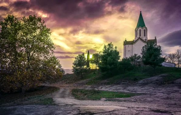 Дорога, осень, небо, облака, свет, деревья, закат, дерево