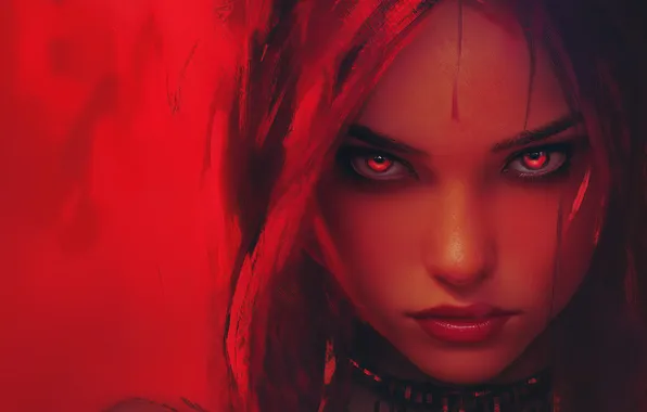 Девушка, лицо, красные глаза, красный фон, red eyes, women, face, смотрит на зрителя