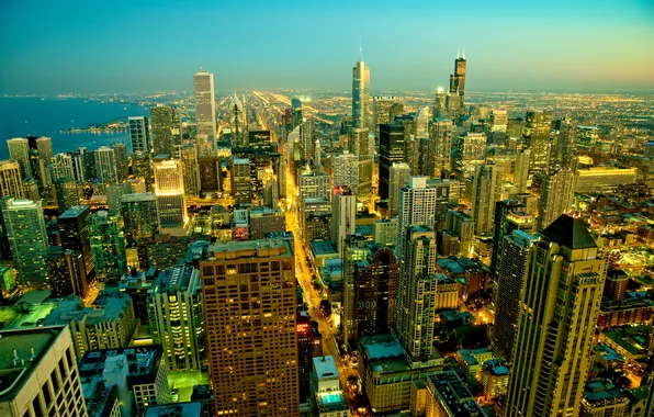 Картинка город, огни, дома, утро, Чикаго, США, Иллиноис, панорамма