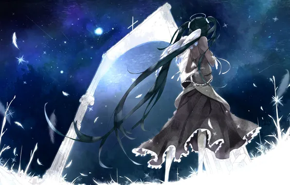 Девушка, звезды, ночь, крылья, перья, дверь, vocaloid, hatsune miku