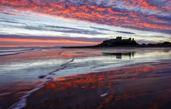 Закат, берег, Bamburgh Castle