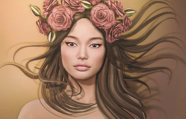 Картинка девушка, цветы, лицо, фон, волосы