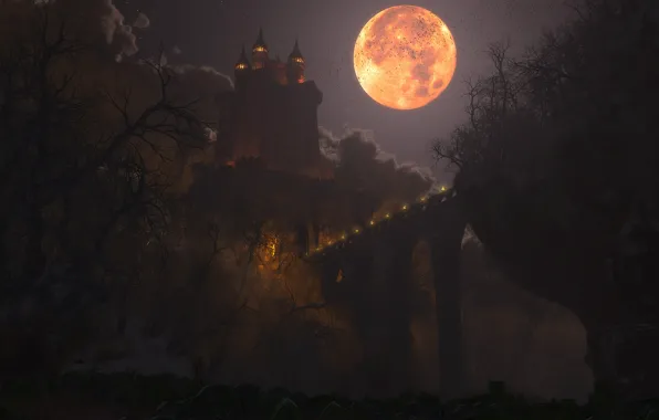 Картинка ночь, мост, огни, замок, луна, графика, digital, Happy Halloween