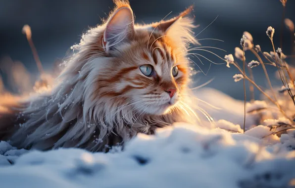 Зима, кошка, кот, взгляд, свет, снег, природа, стебли
