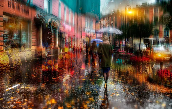 Картинка осень, девушка, город, люди, улица, зонты, Россия, Санк-Петербург