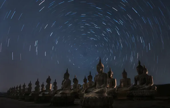 Звезды, ночь, Таиланд, круговорот, статуи, Будды
