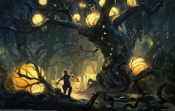 Картинка лес, река, дерево, шары, арт, фонарь, мужчина, сферы