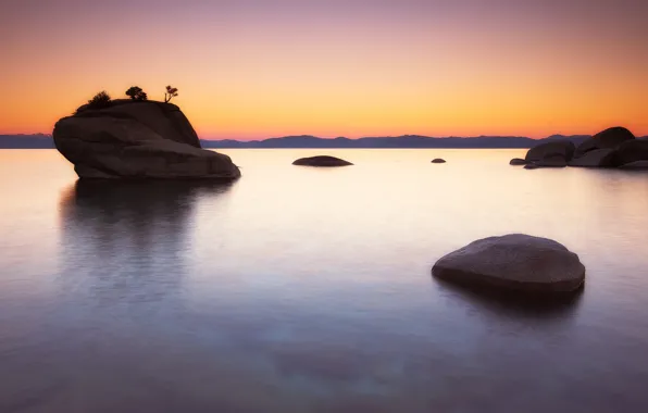 Скала, озеро, рассвет, Lake Tahoe, Bonsai Rock