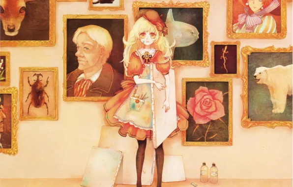 Картинка рама, картина, карандаши, девочка, тюбики, холст, берет, фартук