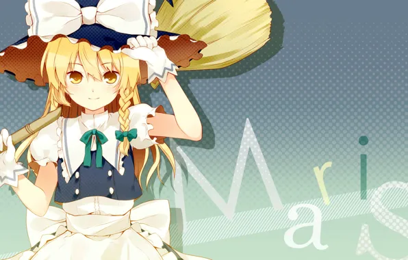 Шляпа, перчатки, коса, метла, бант, touhou, kirisame marisa