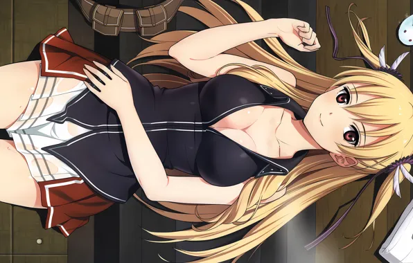 Girl, sexy, wet, cleavage, school uniform, long hair, boobs, anime