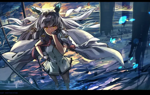 Море, небо, горизонт, плащ, art, военная форма, желтые глаза, Fujita