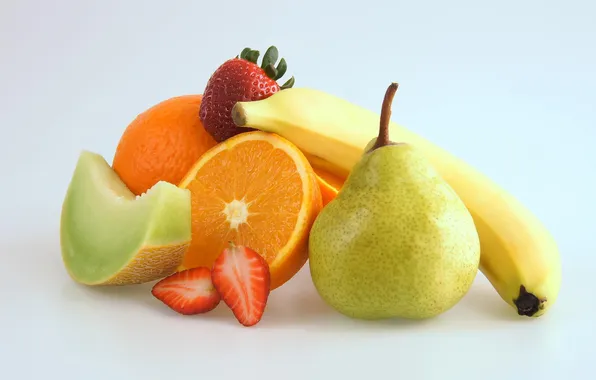 Картинка апельсин, клубника, груша, фрукты, банан