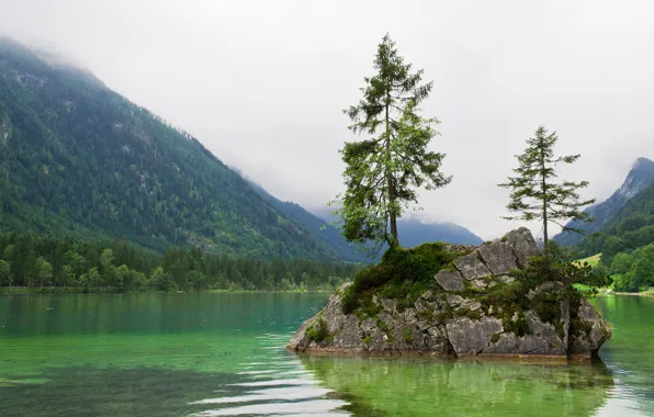 Картинка лес, горы, озеро, остров, Бавария, Берхтесгаден