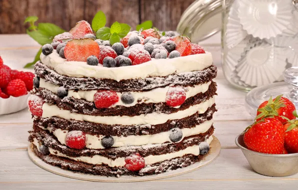 Картинка ягоды, малина, черника, клубника, торт, крем, сахарная пудра, chocolate cakes