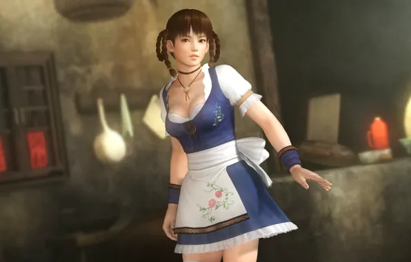 Брюнетка, кухня, костюм, косички, фартук, Dead or Alive, DoA Girls