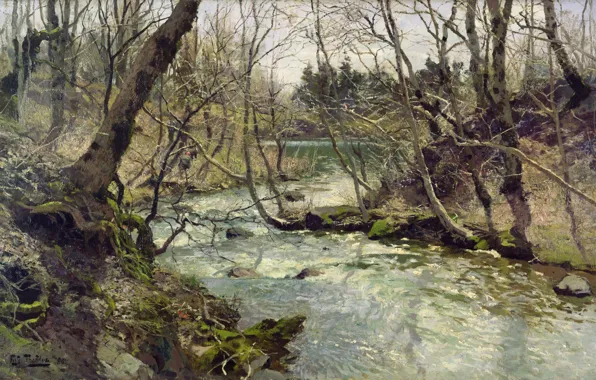 Деревья, река, импрессионизм, Фриц Таулов, Elv, североевропейская живопись