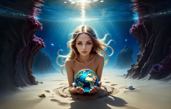 Girl, underwater, globe, ai art