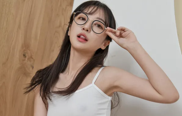 Asian, wood, young, model, brunette, glasses, pose, door