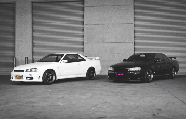 Nissan, white, GT-R, black, R34