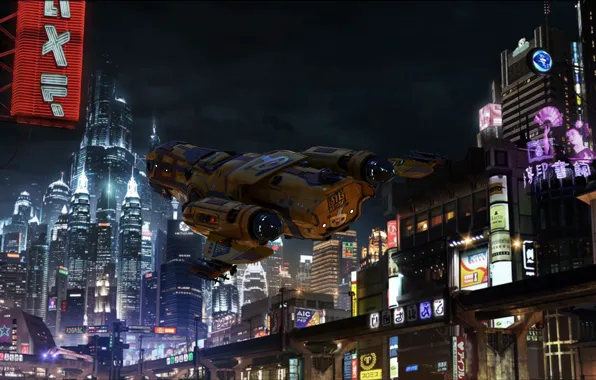 Полет, ночь, город, огни, звездолет, Star Citizen, Freelancer