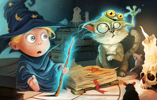 Картинка кот, магия, книги, череп, лягушка, удивление, шляпа, свечи