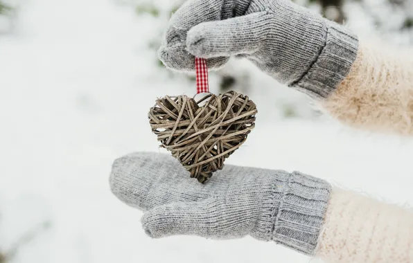 Картинка зима, снег, любовь, сердце, love, heart, winter, варежки