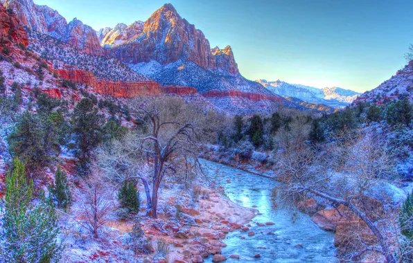 Картинка зима, небо, снег, горы, река, Юта, США, zion national park
