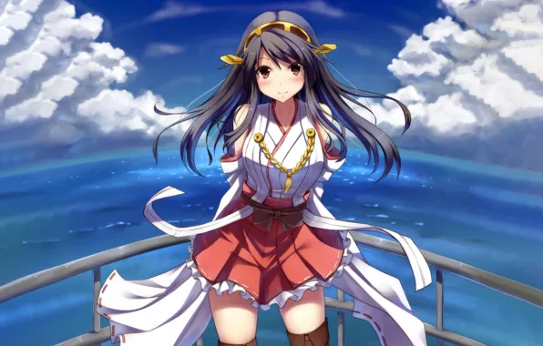 Girl, sexy, blouse, thighhighs, long hair, sea, brown eyes, anime