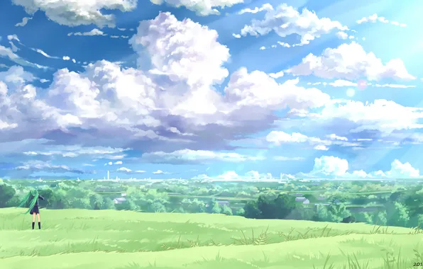 Картинка поле, небо, девушка, ветер, vocaloid, hatsune miku, вокалоид, art