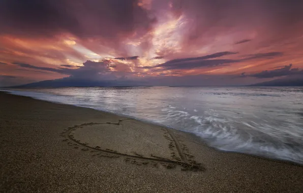 Картинка песок, море, пляж, рассвет, сердце