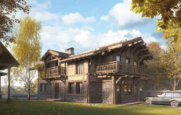 Дом, газон, автомобиль, архитектура, CHALET HOUSE