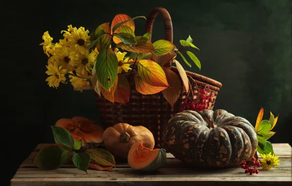 Листья, цветы, стол, доски, еда, букет, желтые, тыквы